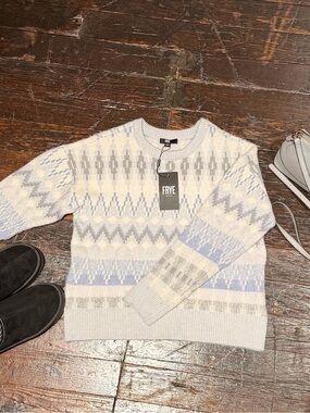 FRYE Fair Isle Nordic Crewneck Sweater Blue Gray White NWT Size S